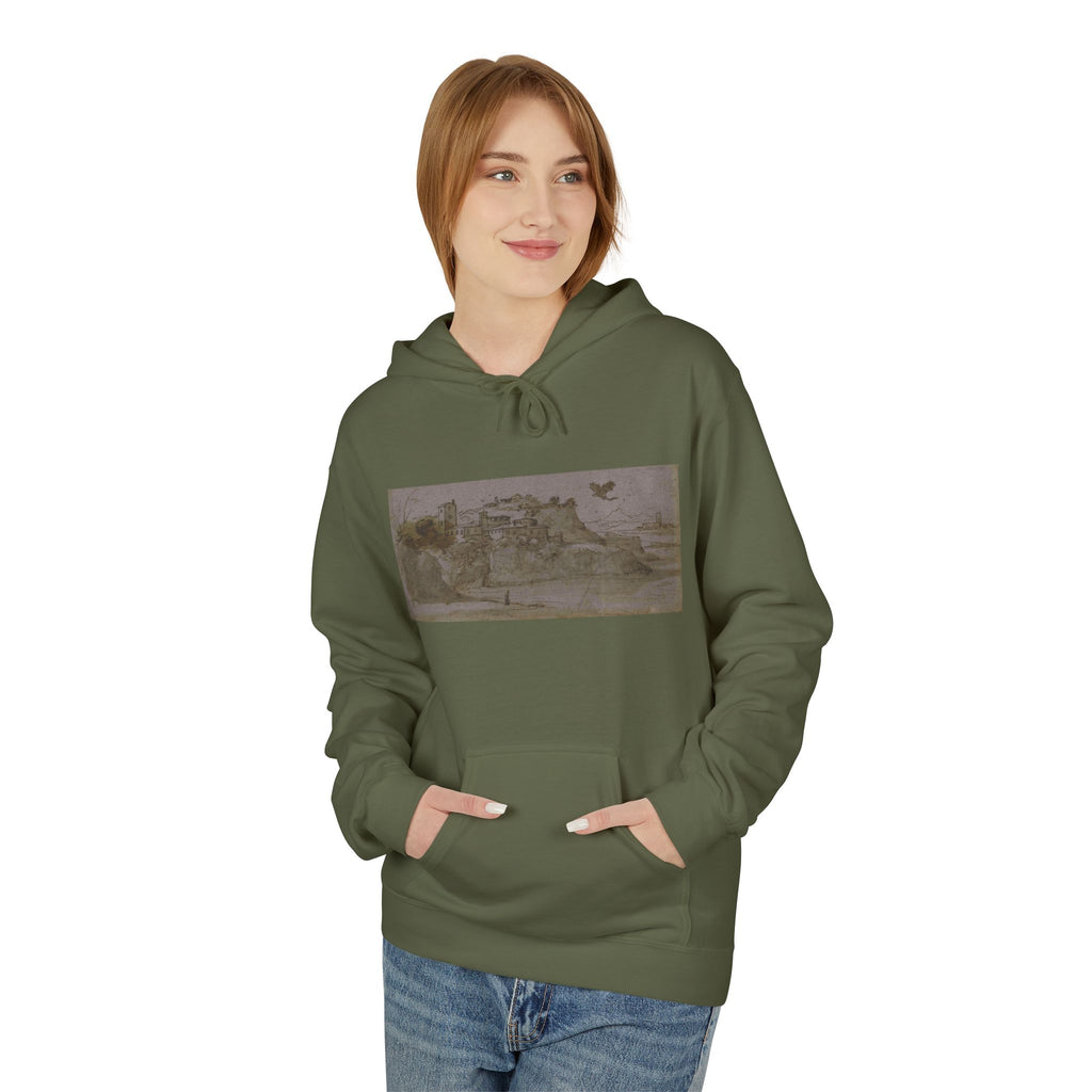 Vintage Coastal Sketch Hoodie — Seaside Landscape Graphic Pullover