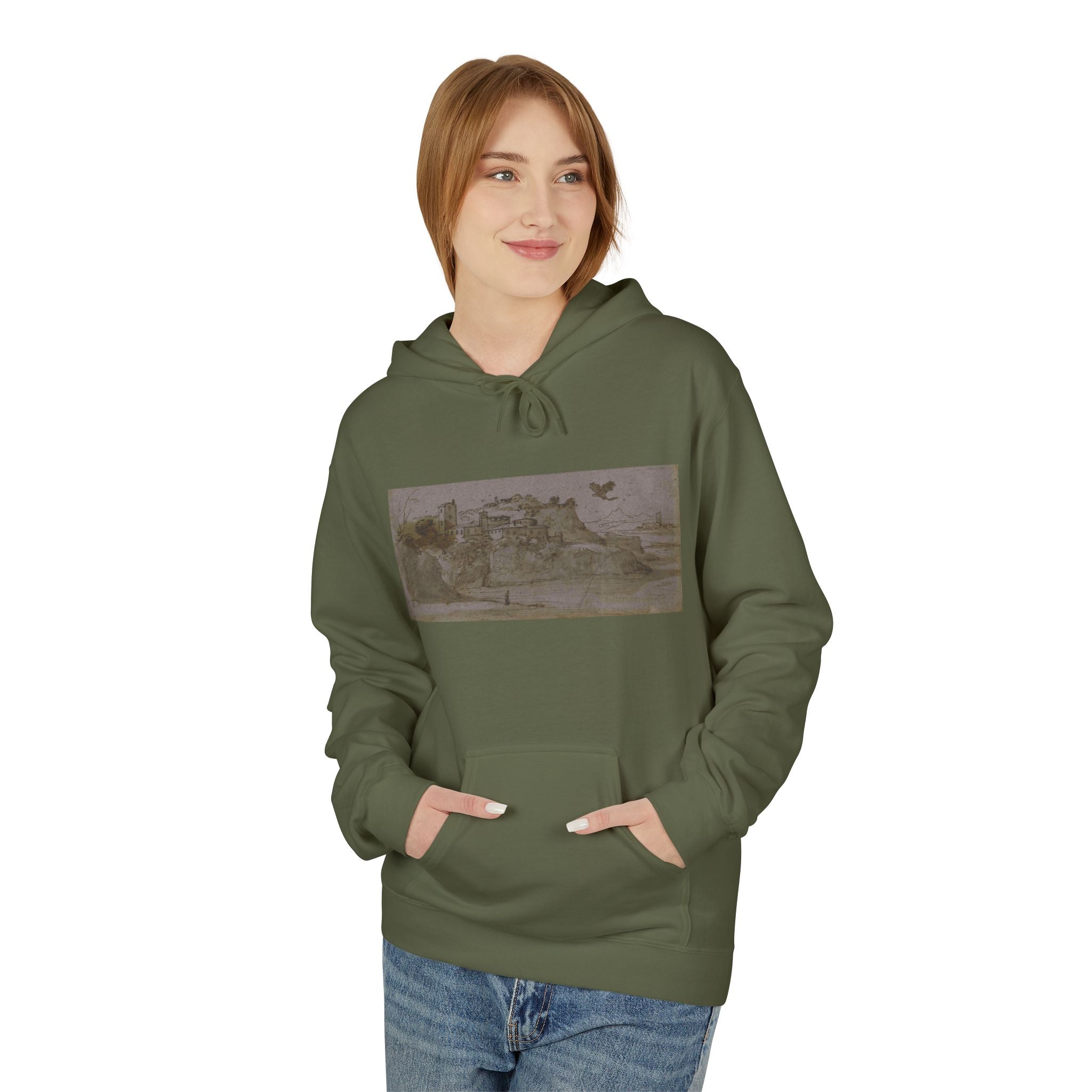 Vintage Coastal Sketch Hoodie — Seaside Landscape Graphic Pullover