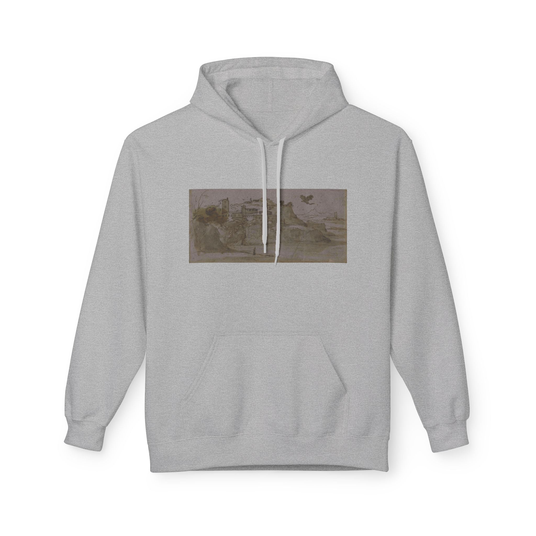 Vintage Coastal Sketch Hoodie — Seaside Landscape Graphic Pullover