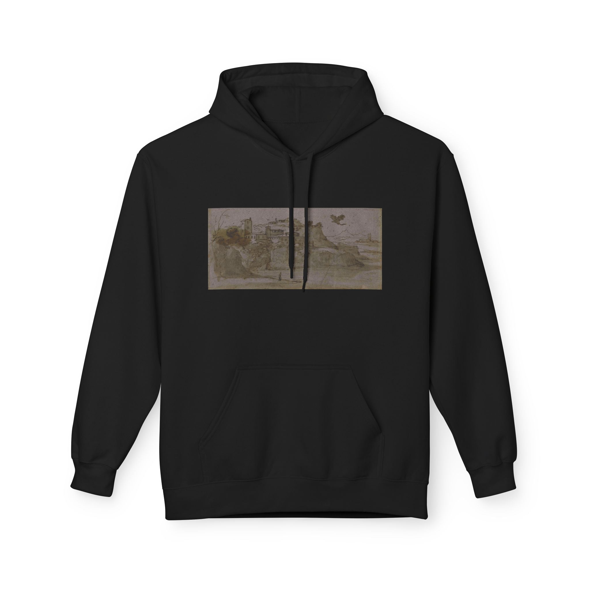 Vintage Coastal Sketch Hoodie — Seaside Landscape Graphic Pullover
