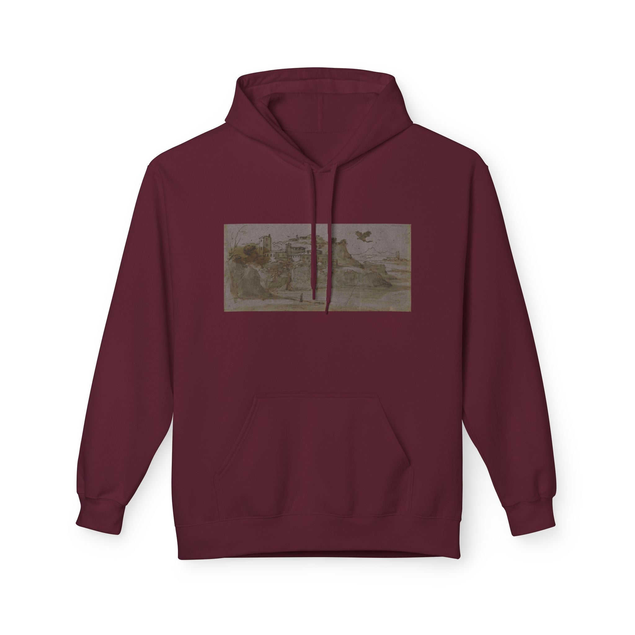 Vintage Coastal Sketch Hoodie — Seaside Landscape Graphic Pullover