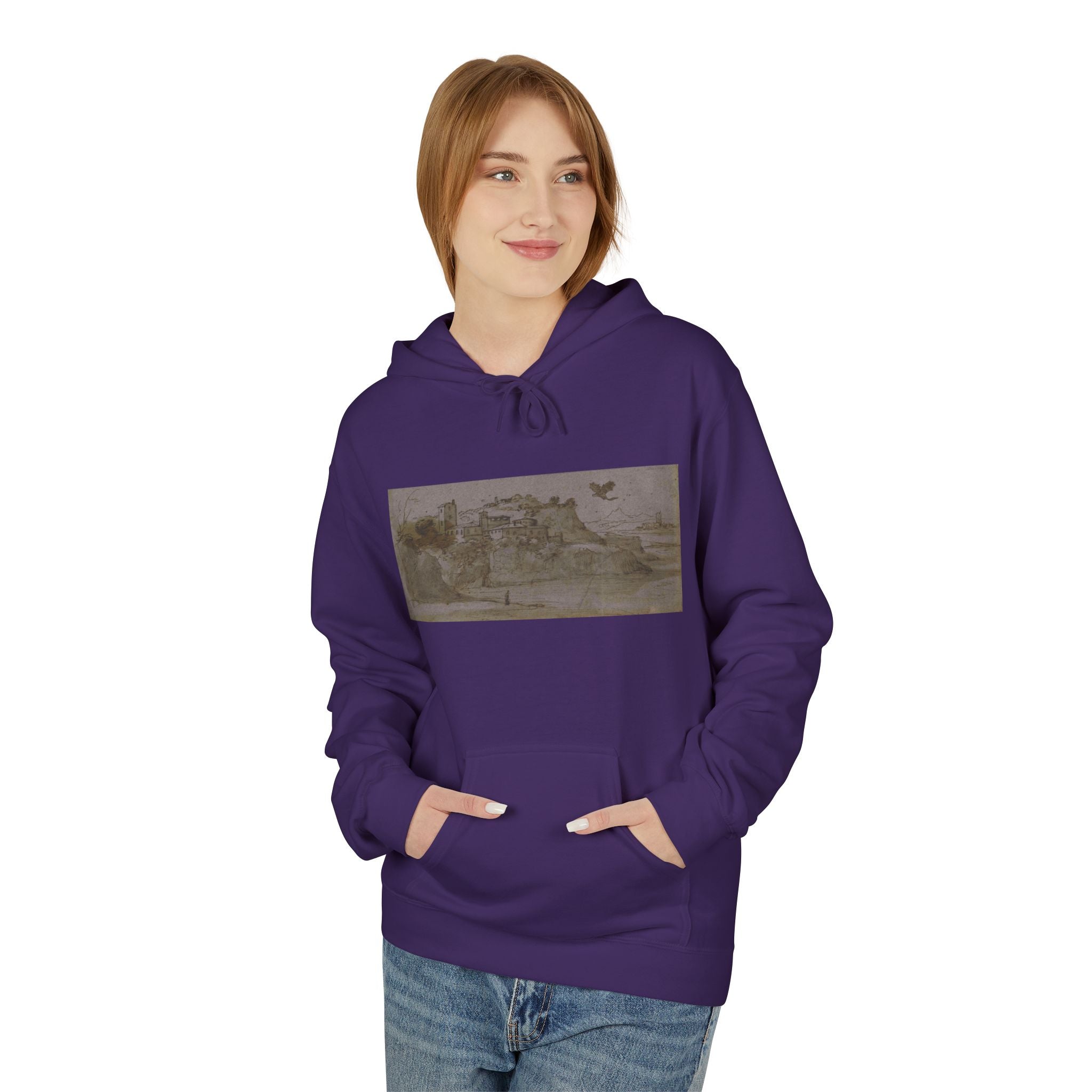 Vintage Coastal Sketch Hoodie — Seaside Landscape Graphic Pullover