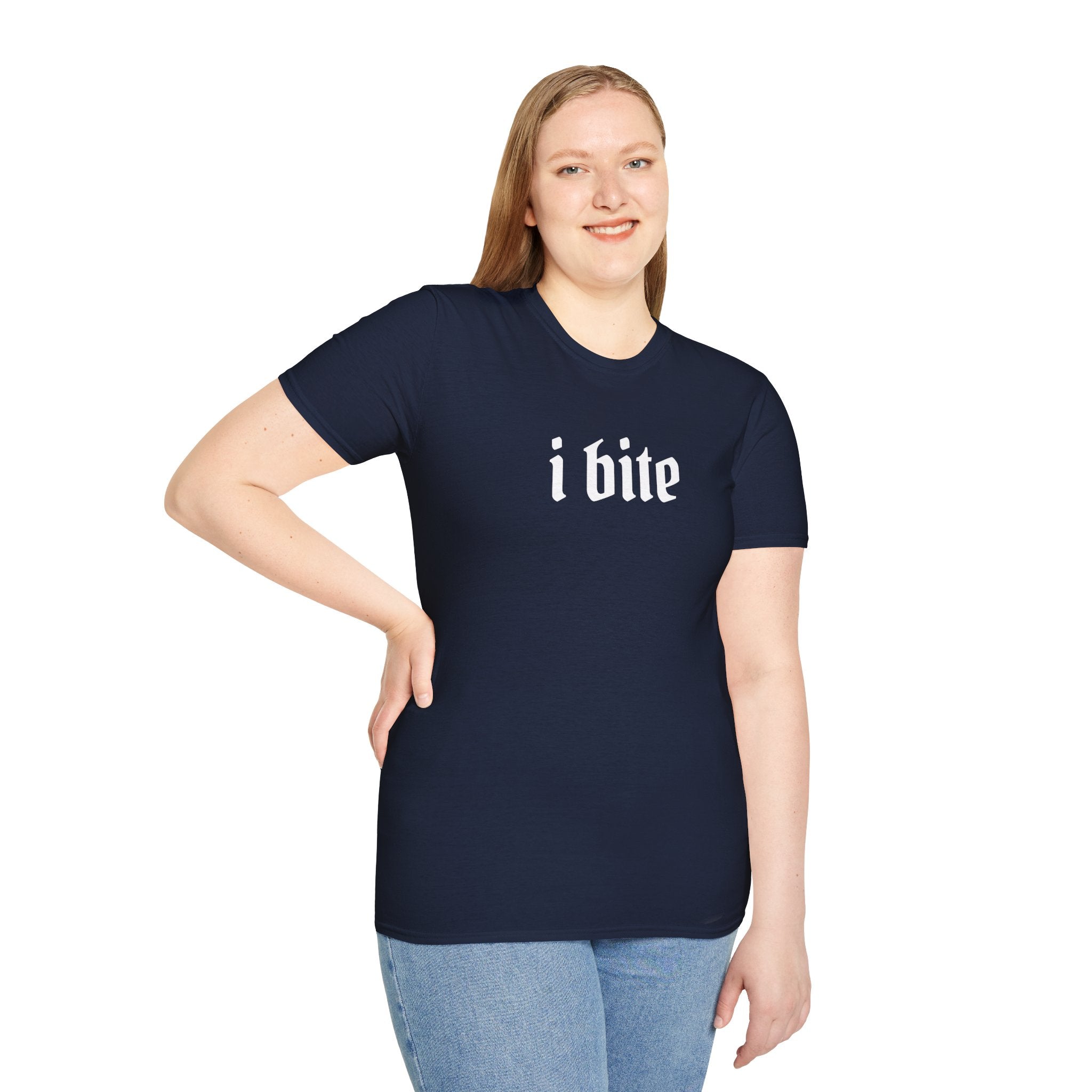 I Bite Graphic T-Shirt — Funny Gothic Script Tee for Bold Casual Wear