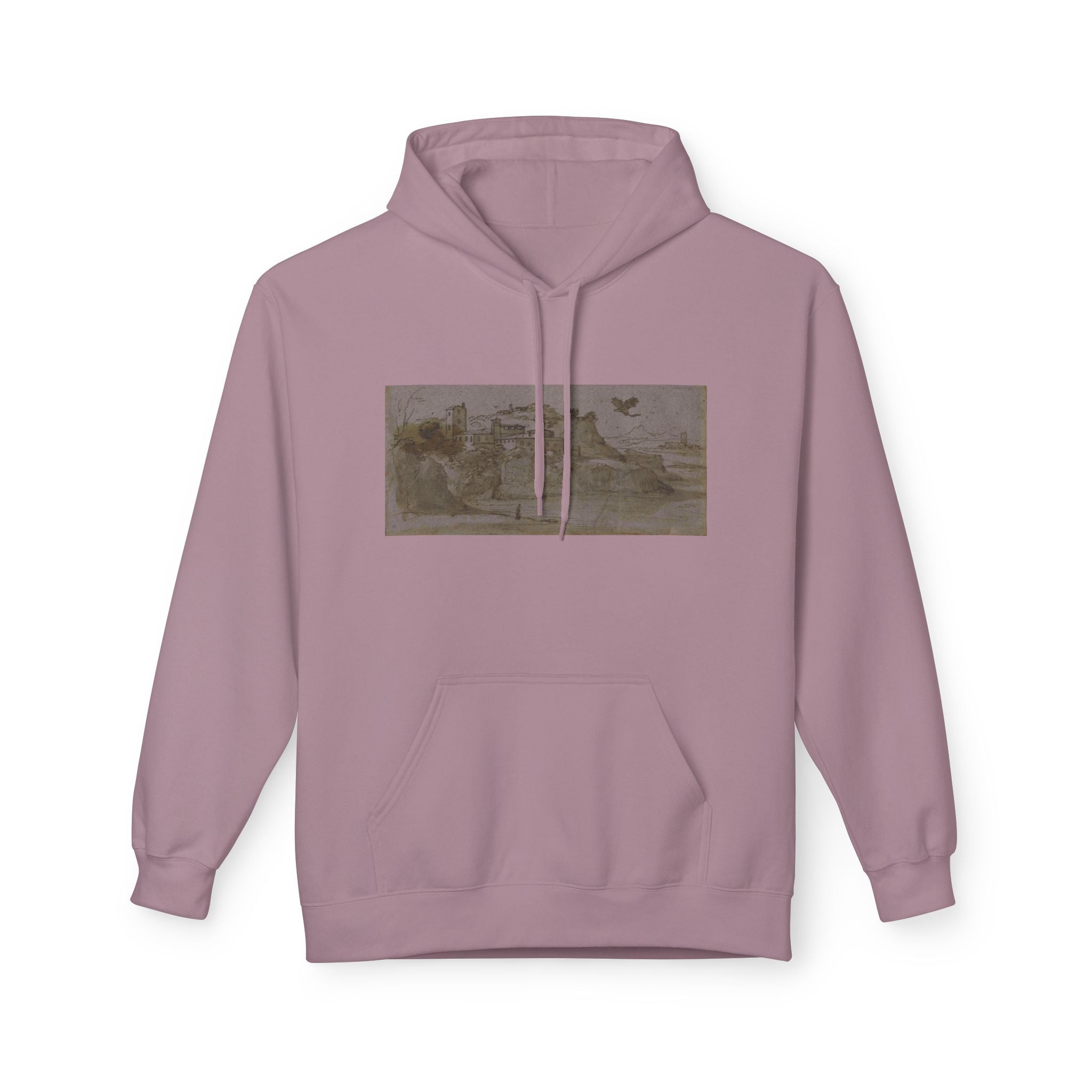 Vintage Coastal Sketch Hoodie — Seaside Landscape Graphic Pullover
