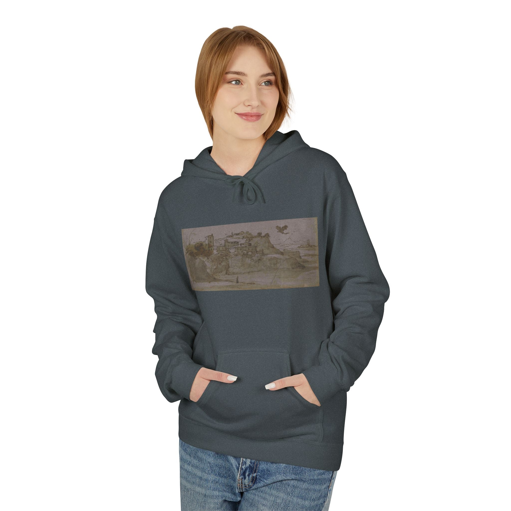 Vintage Coastal Sketch Hoodie — Seaside Landscape Graphic Pullover