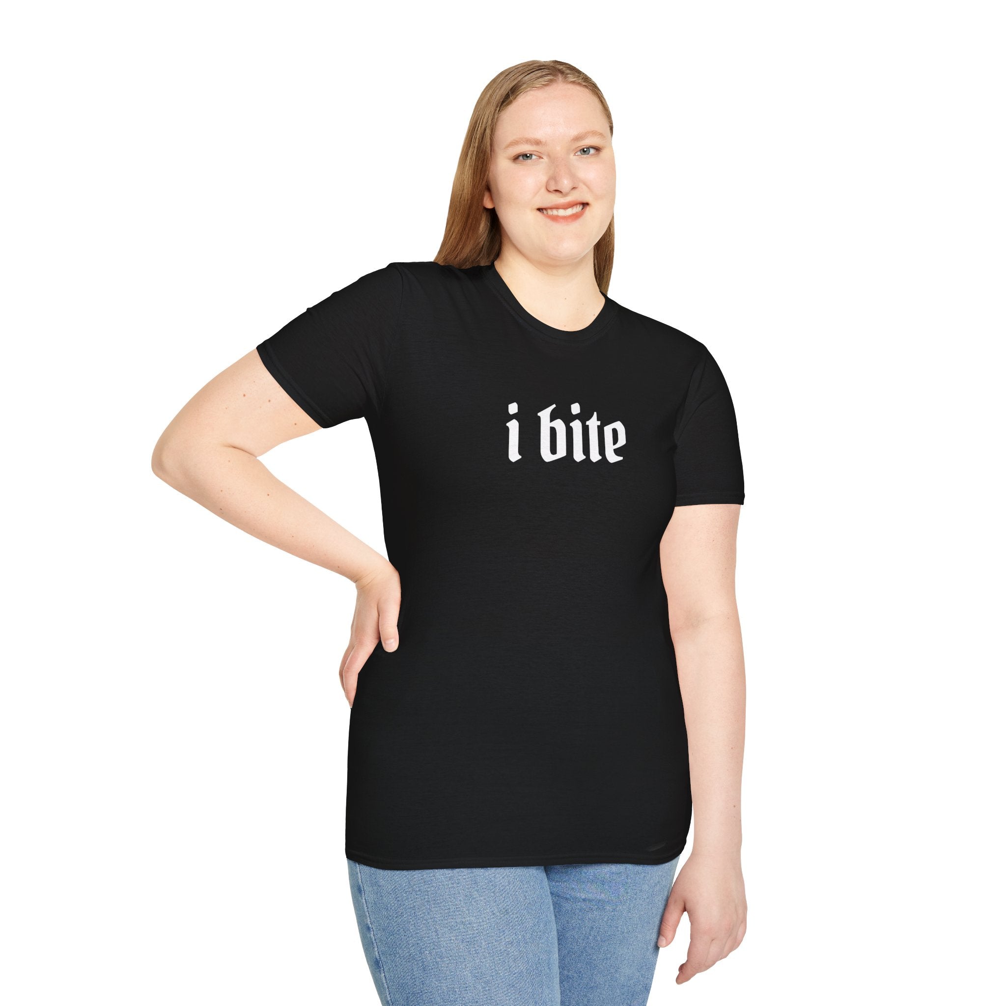 I Bite Graphic T-Shirt — Funny Gothic Script Tee for Bold Casual Wear