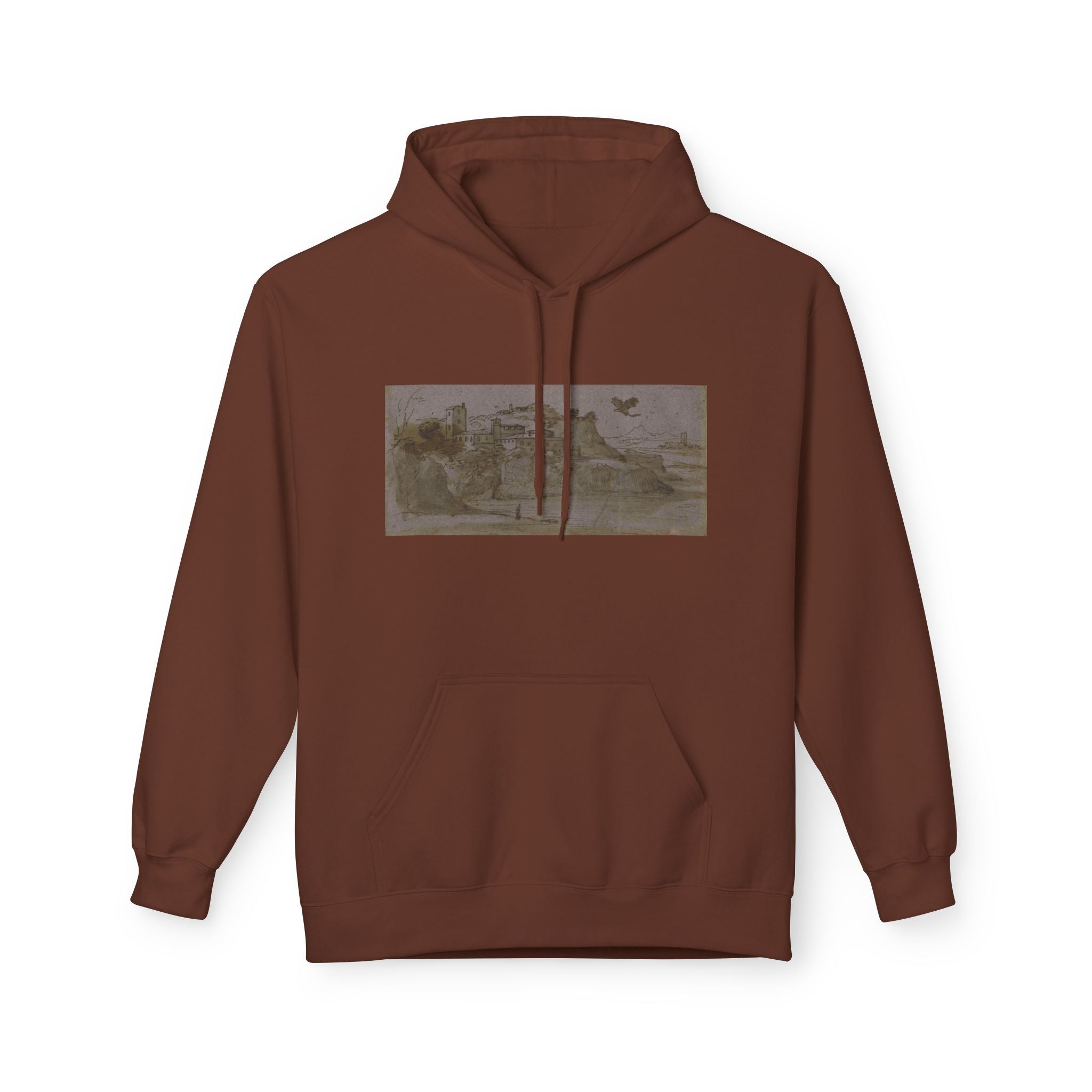 Vintage Coastal Sketch Hoodie — Seaside Landscape Graphic Pullover