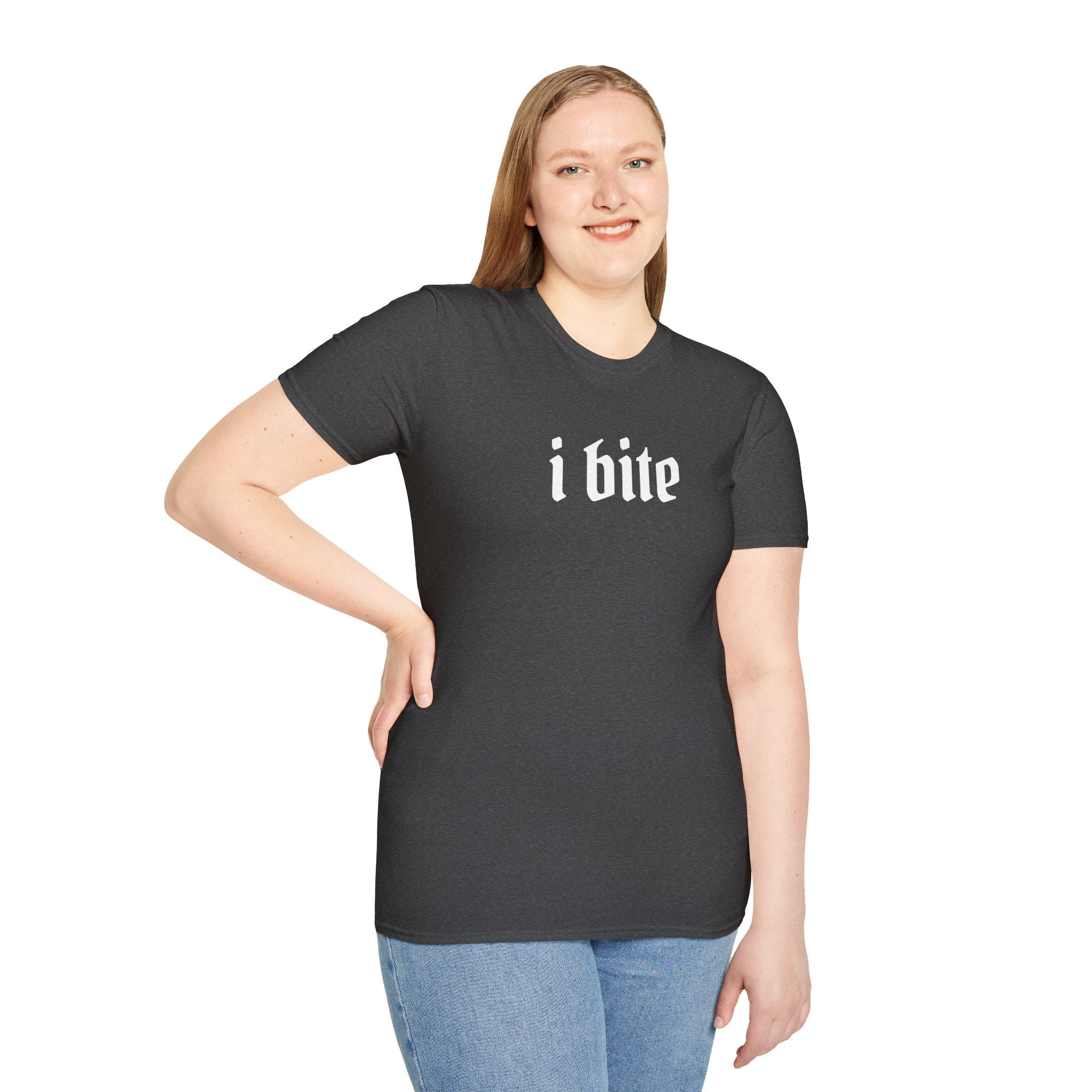 I Bite Graphic T-Shirt — Funny Gothic Script Tee for Bold Casual Wear