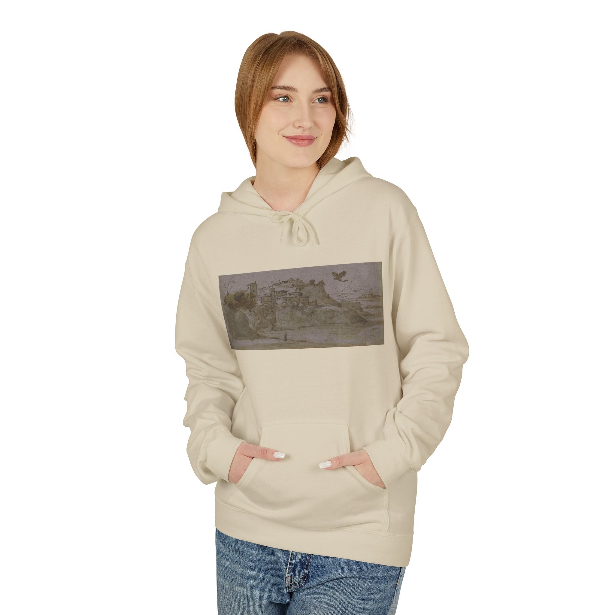 Vintage Coastal Sketch Hoodie — Seaside Landscape Graphic Pullover