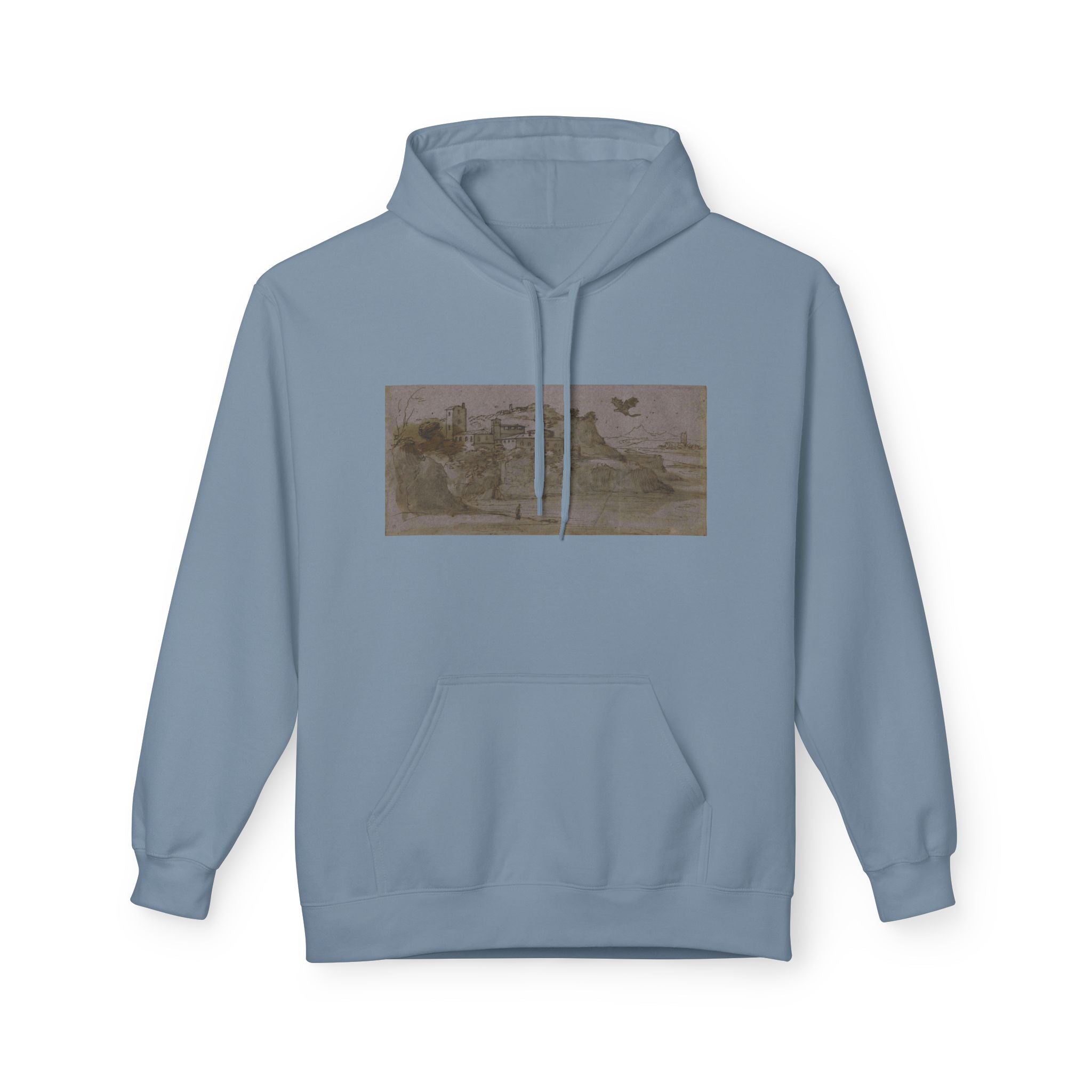 Vintage Coastal Sketch Hoodie — Seaside Landscape Graphic Pullover