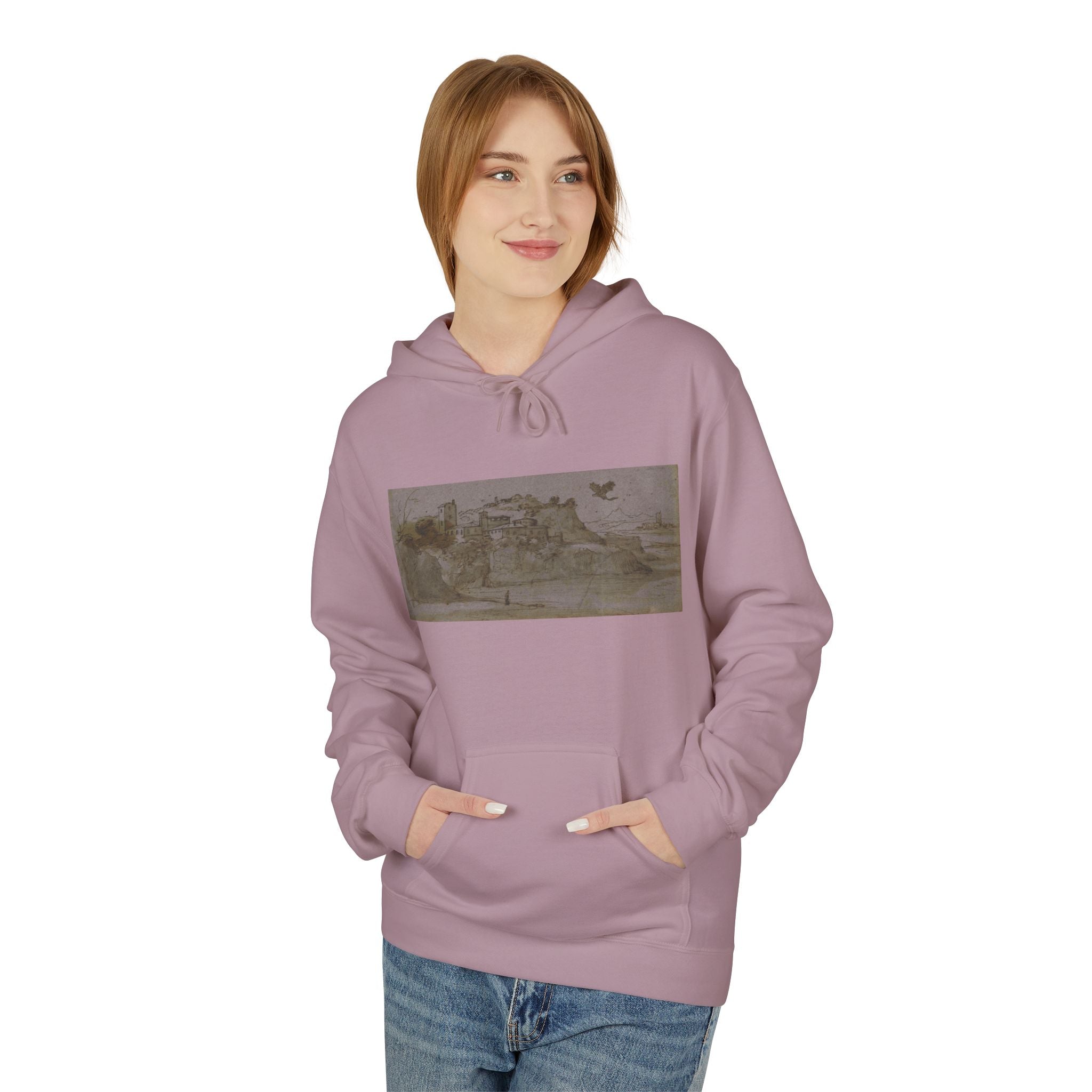 Vintage Coastal Sketch Hoodie — Seaside Landscape Graphic Pullover