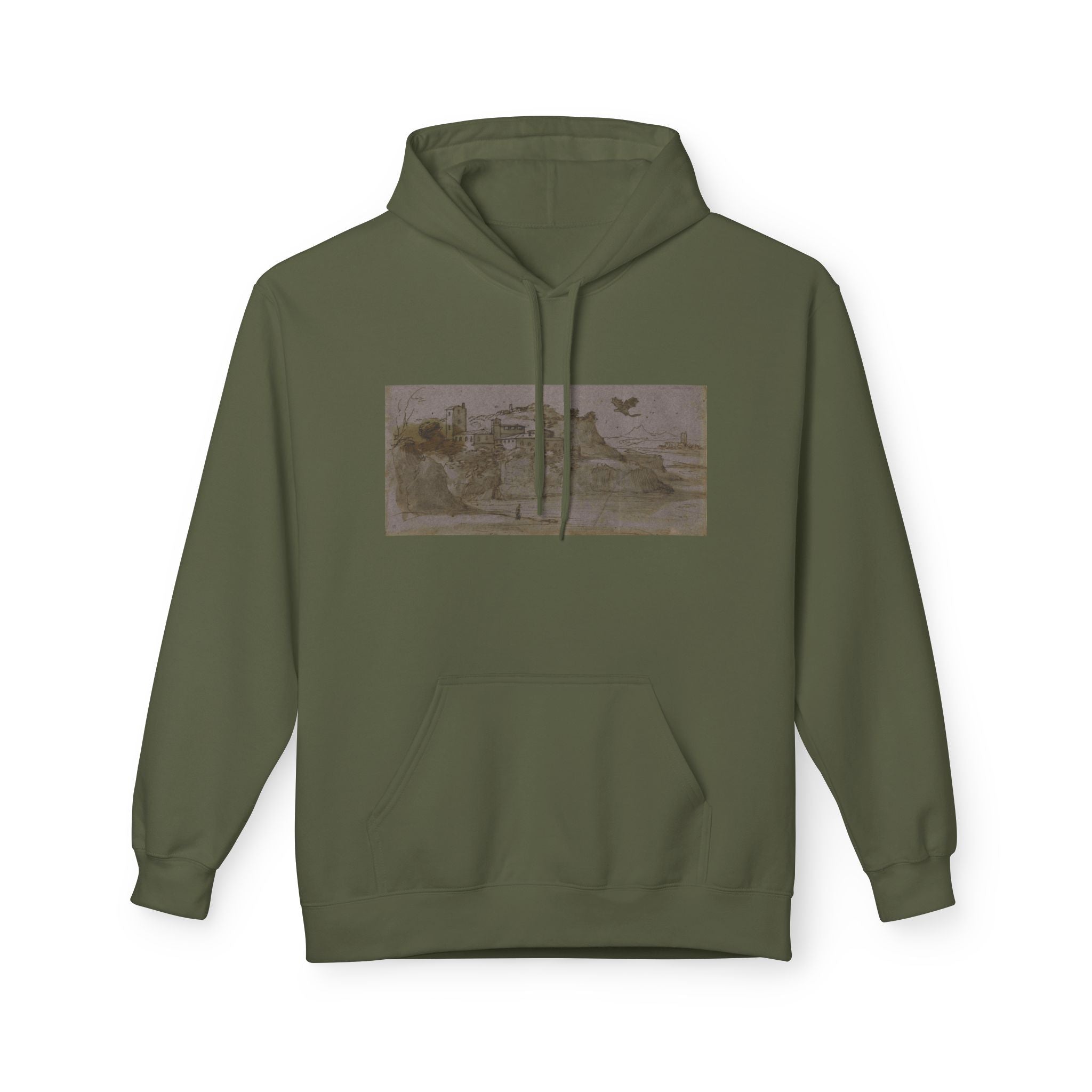 Vintage Coastal Sketch Hoodie — Seaside Landscape Graphic Pullover