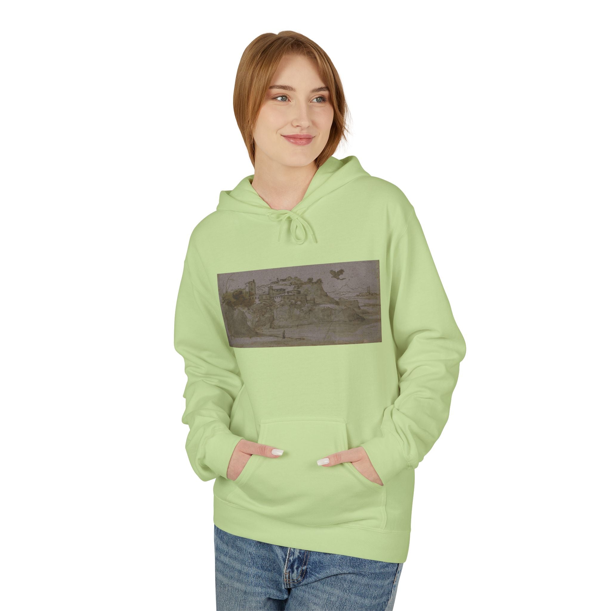 Vintage Coastal Sketch Hoodie — Seaside Landscape Graphic Pullover