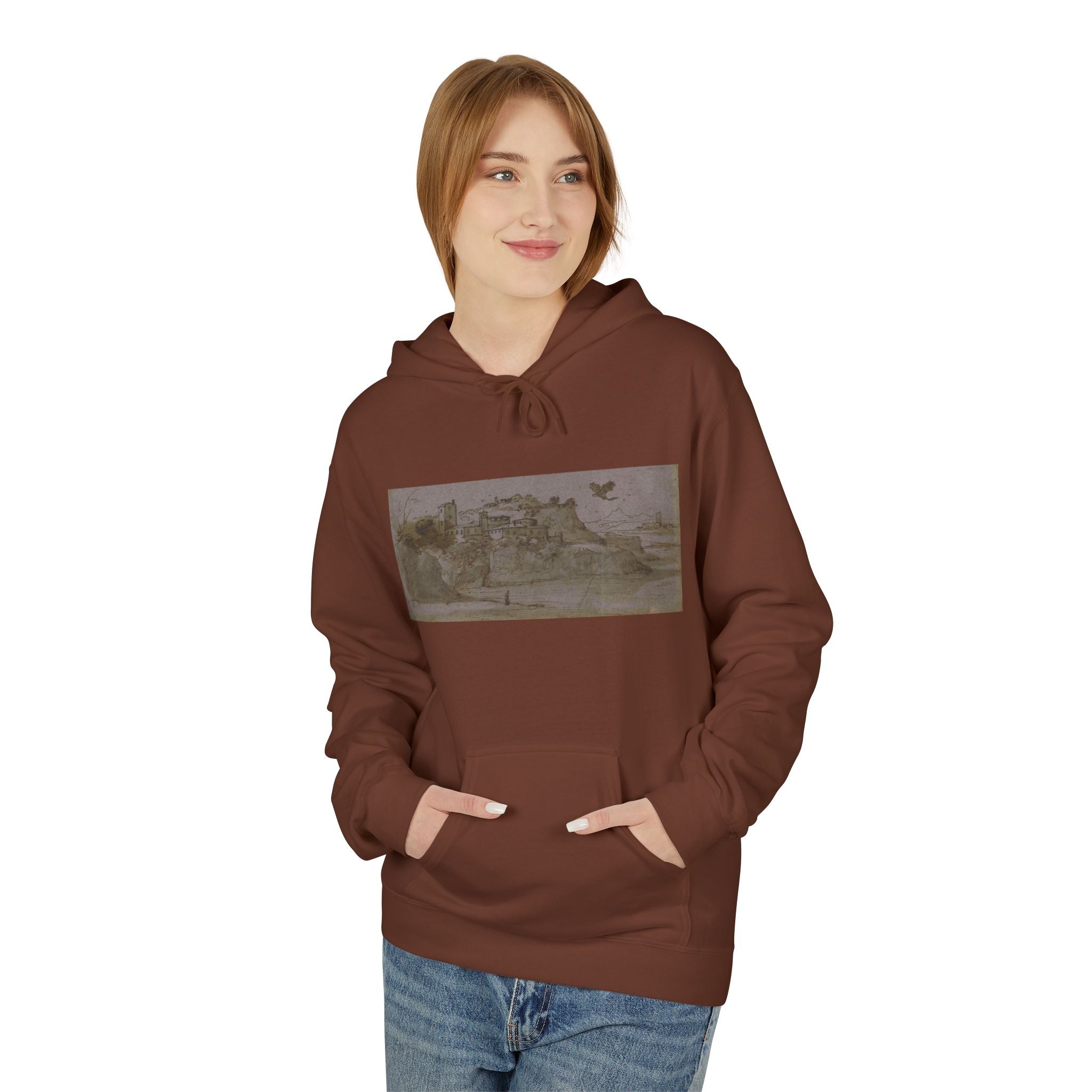 Vintage Coastal Sketch Hoodie — Seaside Landscape Graphic Pullover
