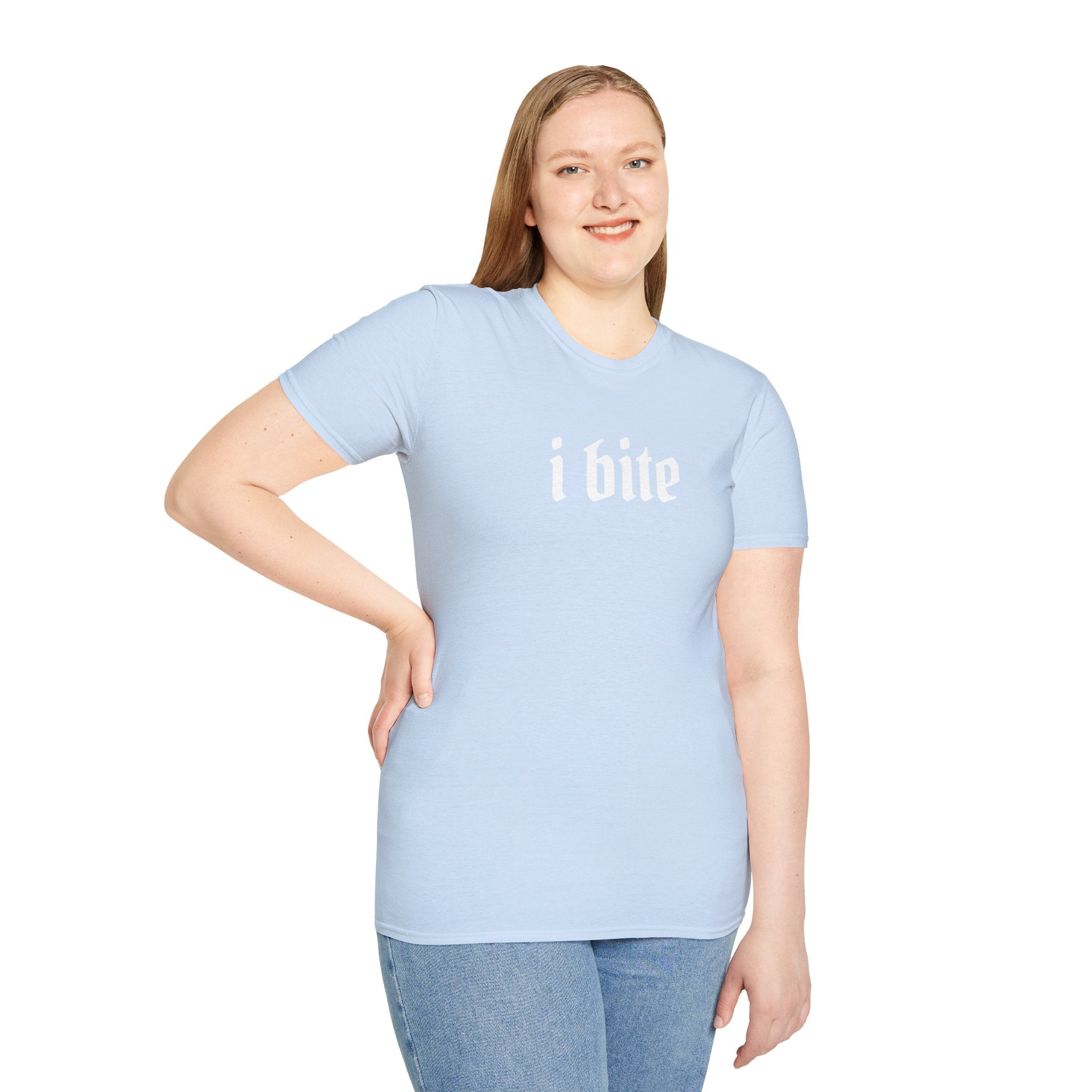 I Bite Graphic T-Shirt — Funny Gothic Script Tee for Bold Casual Wear