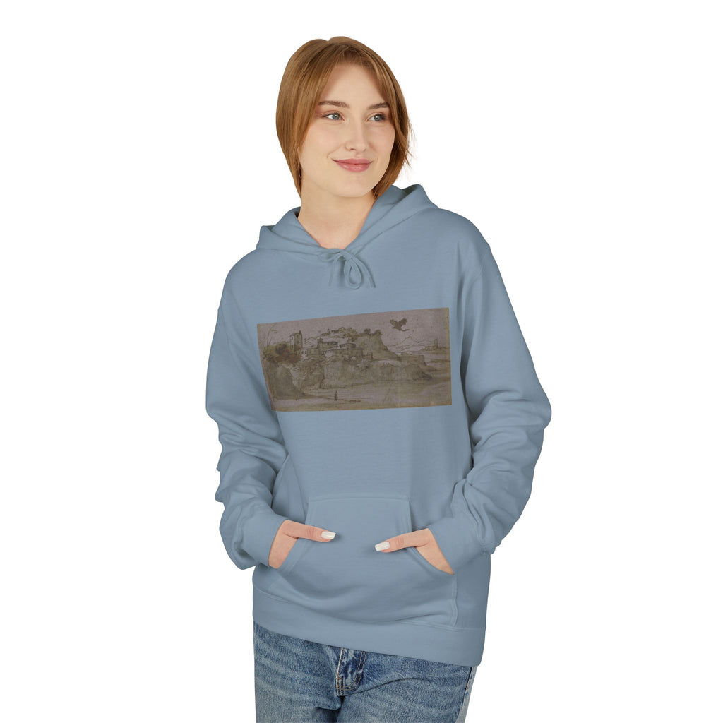 Vintage Coastal Sketch Hoodie — Seaside Landscape Graphic Pullover