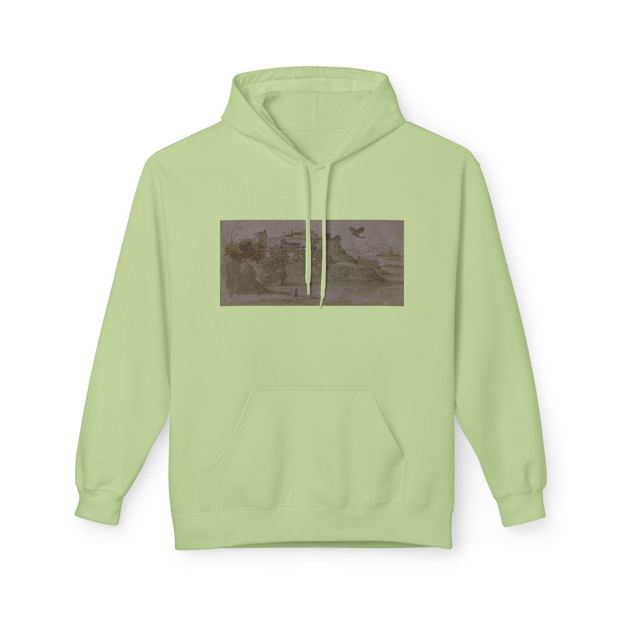 Vintage Coastal Sketch Hoodie — Seaside Landscape Graphic Pullover