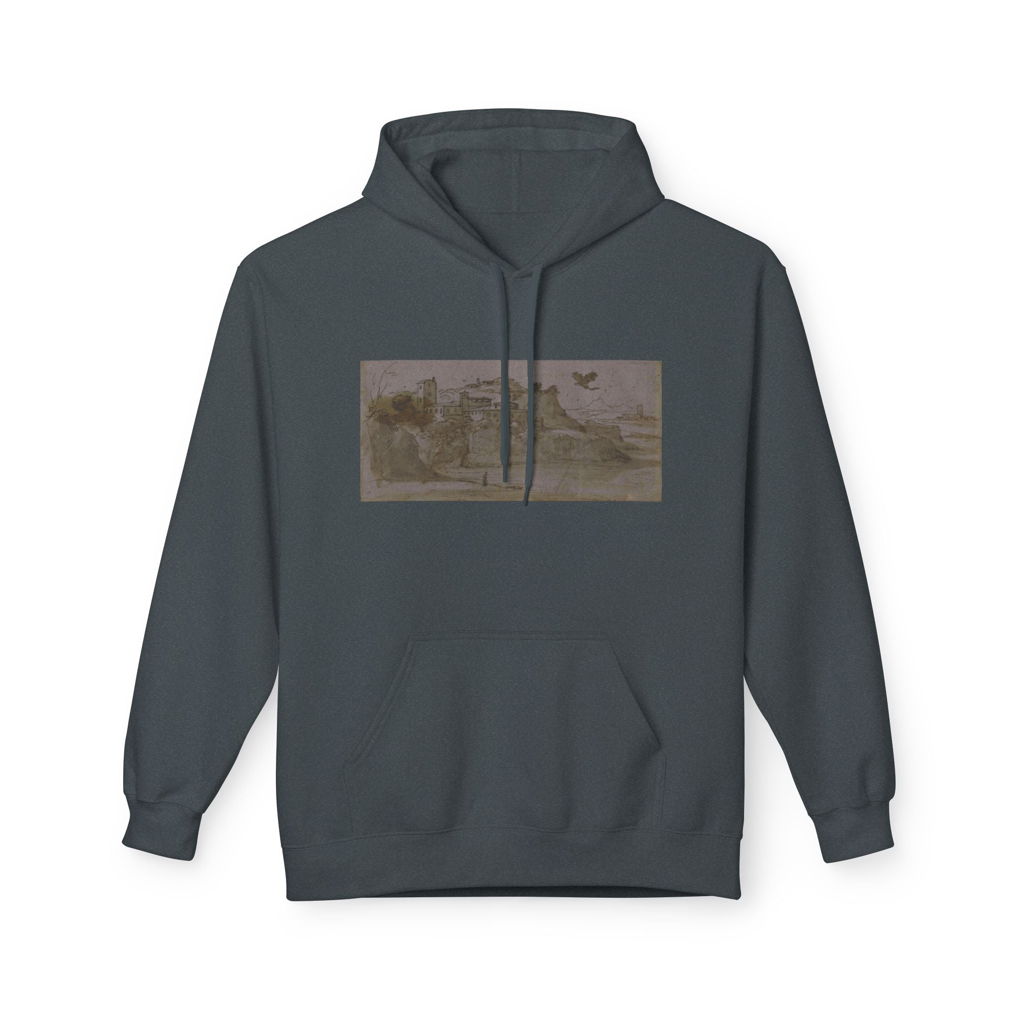 Vintage Coastal Sketch Hoodie — Seaside Landscape Graphic Pullover