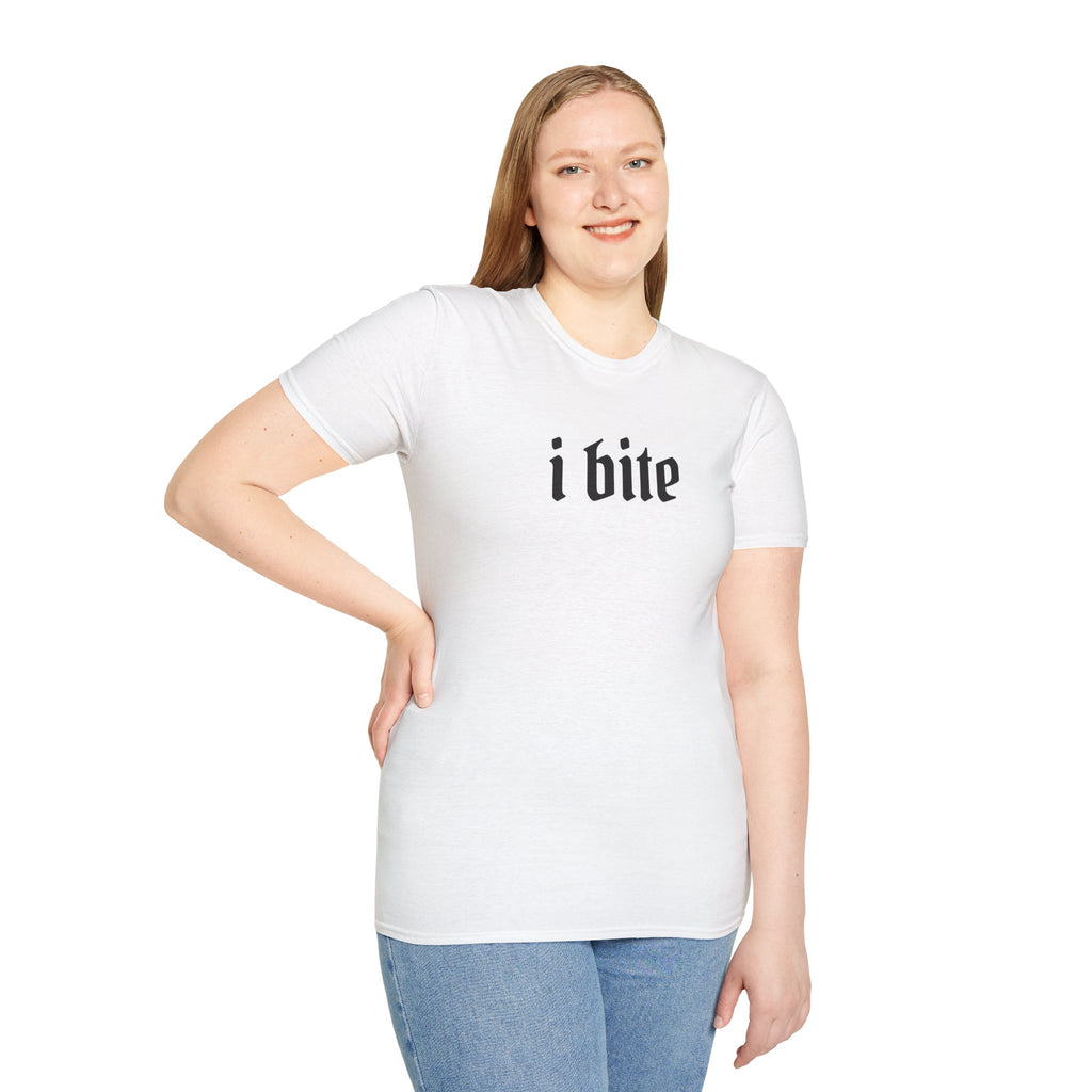I Bite Graphic T-Shirt — Funny Gothic Script Tee for Bold Casual Wear