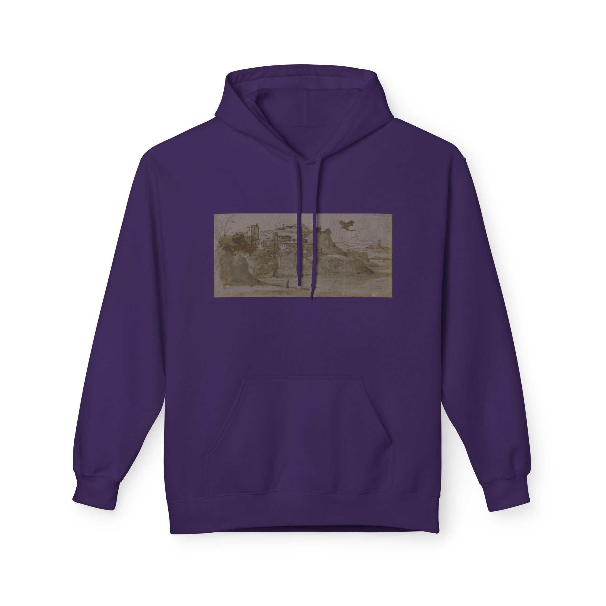 Vintage Coastal Sketch Hoodie — Seaside Landscape Graphic Pullover