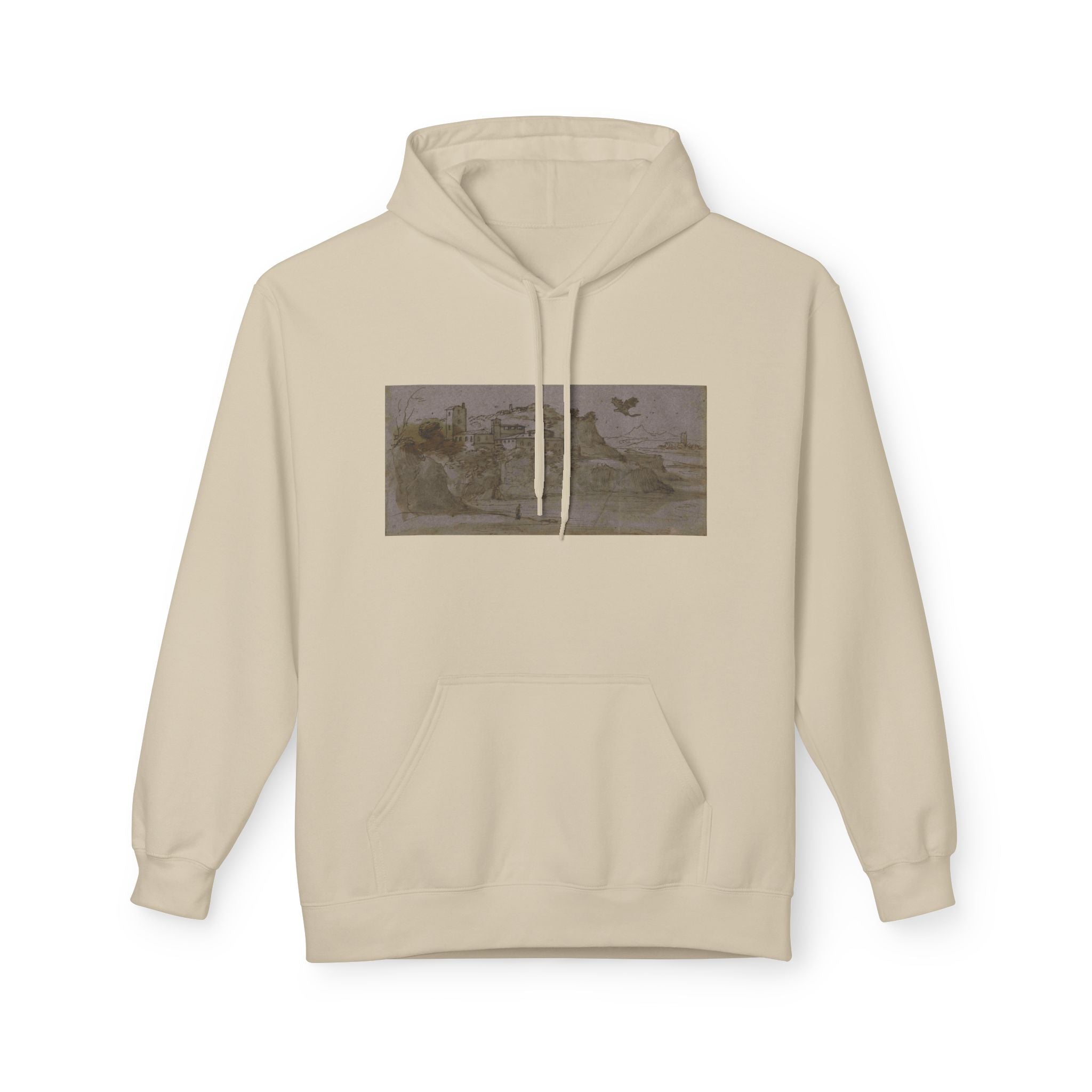 Vintage Coastal Sketch Hoodie — Seaside Landscape Graphic Pullover