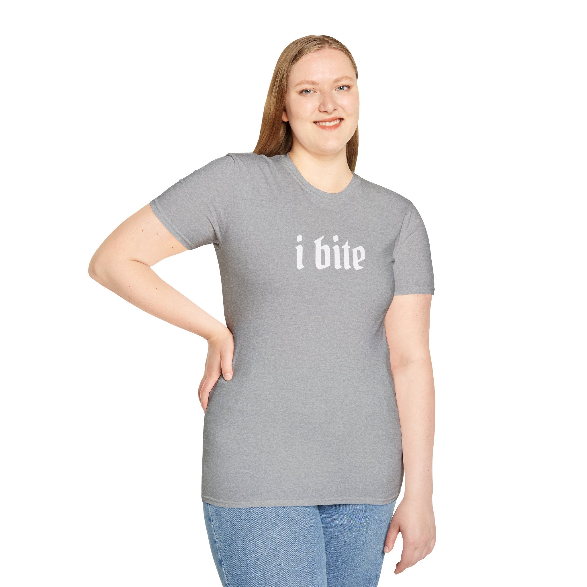 I Bite Graphic T-Shirt — Funny Gothic Script Tee for Bold Casual Wear